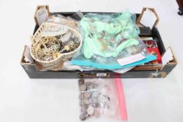 Box with large collection of costume jewellery, coins and badges.