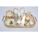 Eight Royal Worcester pieces including triple vase and miniatures.