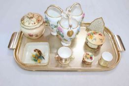 Eight Royal Worcester pieces including triple vase and miniatures.