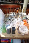 Collection of silver plated wares including teapots, serving tray, Swarovski crystal,