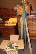 Collection of fishing rods, pair of waders, keep net, fishing basket and contents,