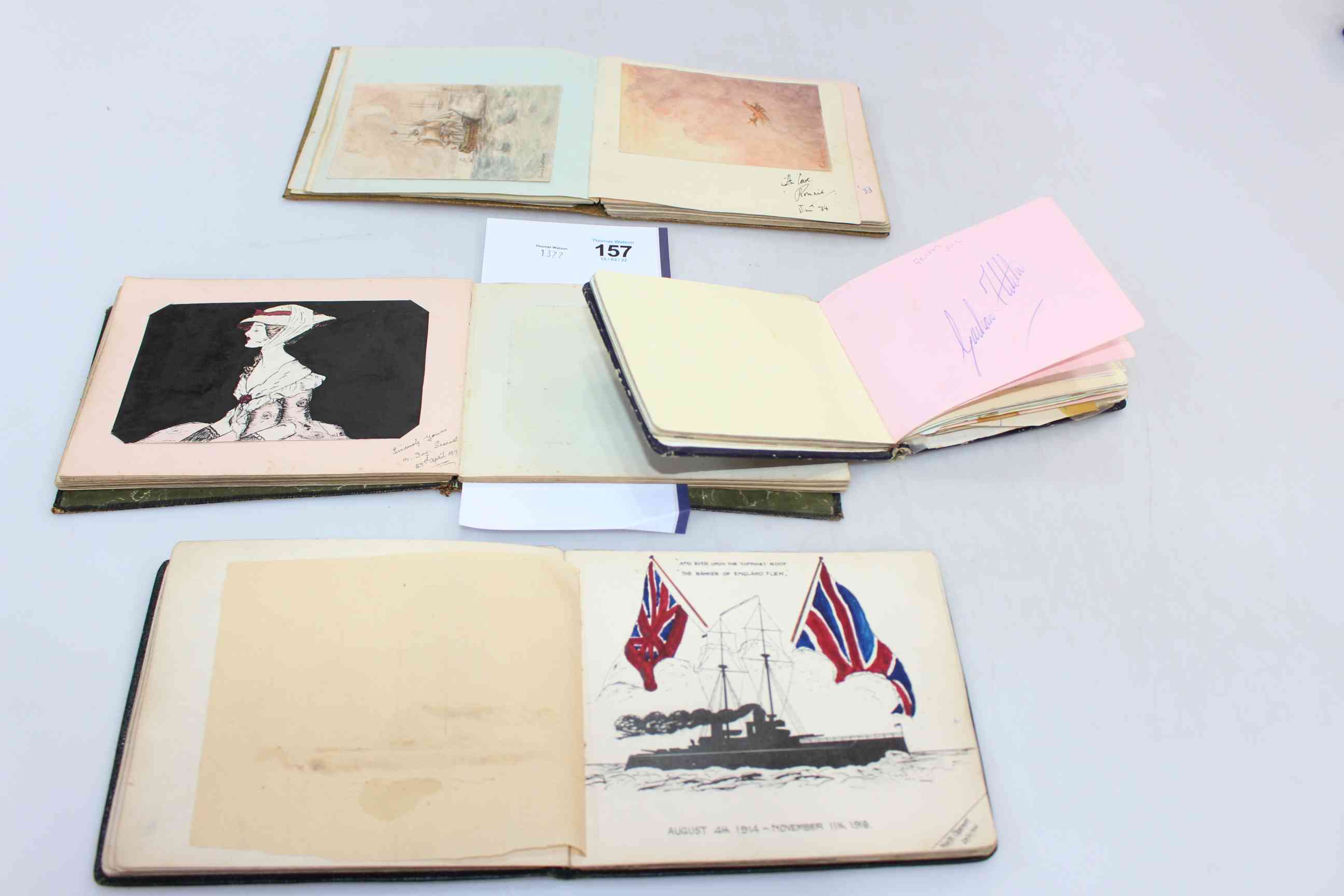 WWI (military interest), c1930s autograph scrapbooks with drawings,