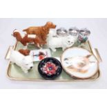 Tray lot with five Beswick dogs and cats, Moorcroft dish, Limoges Moulin Rouge, egg coddlers,