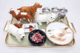 Tray lot with five Beswick dogs and cats, Moorcroft dish, Limoges Moulin Rouge, egg coddlers,