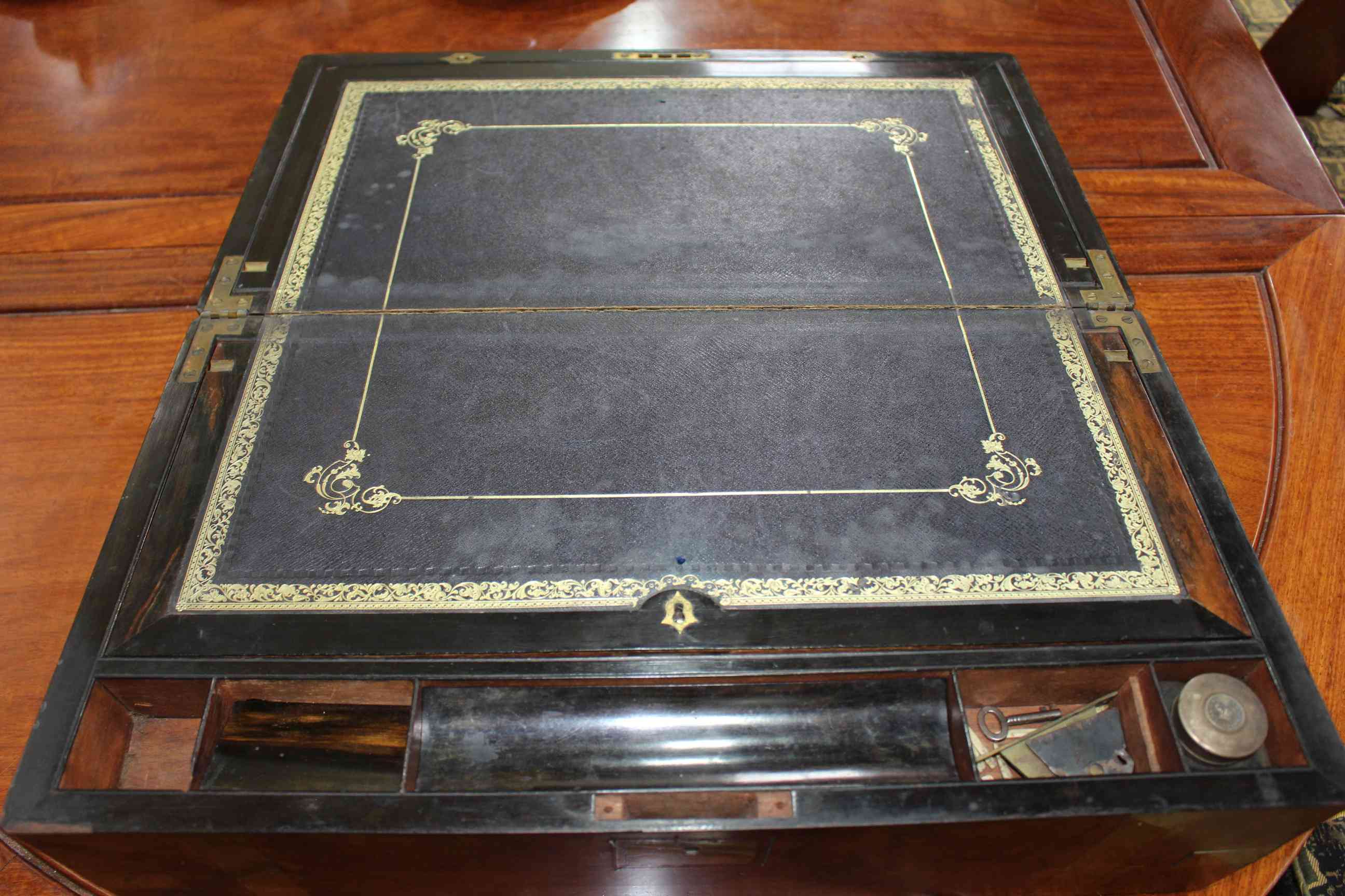 Victorian walnut and brass bound writing box, 50cm by 28cm by 19cm. - Image 2 of 2