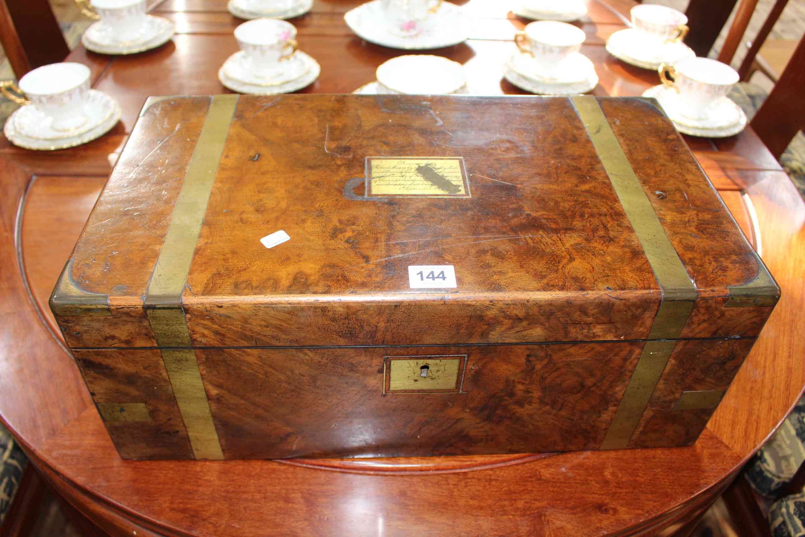 Victorian walnut and brass bound writing box, 50cm by 28cm by 19cm.