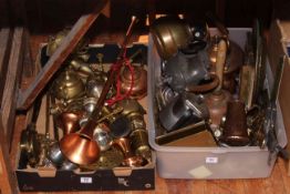 Two boxes of metalwares including bugle, elephant, teapots, etc.