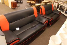 Pair contemporary two tone black and red three seater and two seater settees.