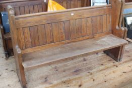 Near pair Victorian pitch pine church pews, 154cm and 146cm long.