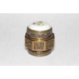 Chinese bronze enamel octagonal box with porcelain inset lid, 9.5cm.
