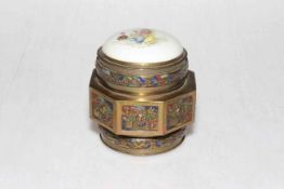 Chinese bronze enamel octagonal box with porcelain inset lid, 9.5cm.