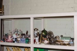 Collection of china, glass, metalware, brass oil lamp, Victorian green glass dump, etc.