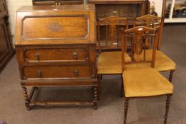 1920's/30's oak two drawer bureau and set of three Victorian inlaid rosewood parlour chairs (4).