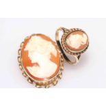 9 carat gold mounted cameo brooch and 9 carat gold cameo ring (2).