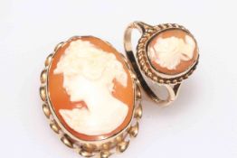 9 carat gold mounted cameo brooch and 9 carat gold cameo ring (2).