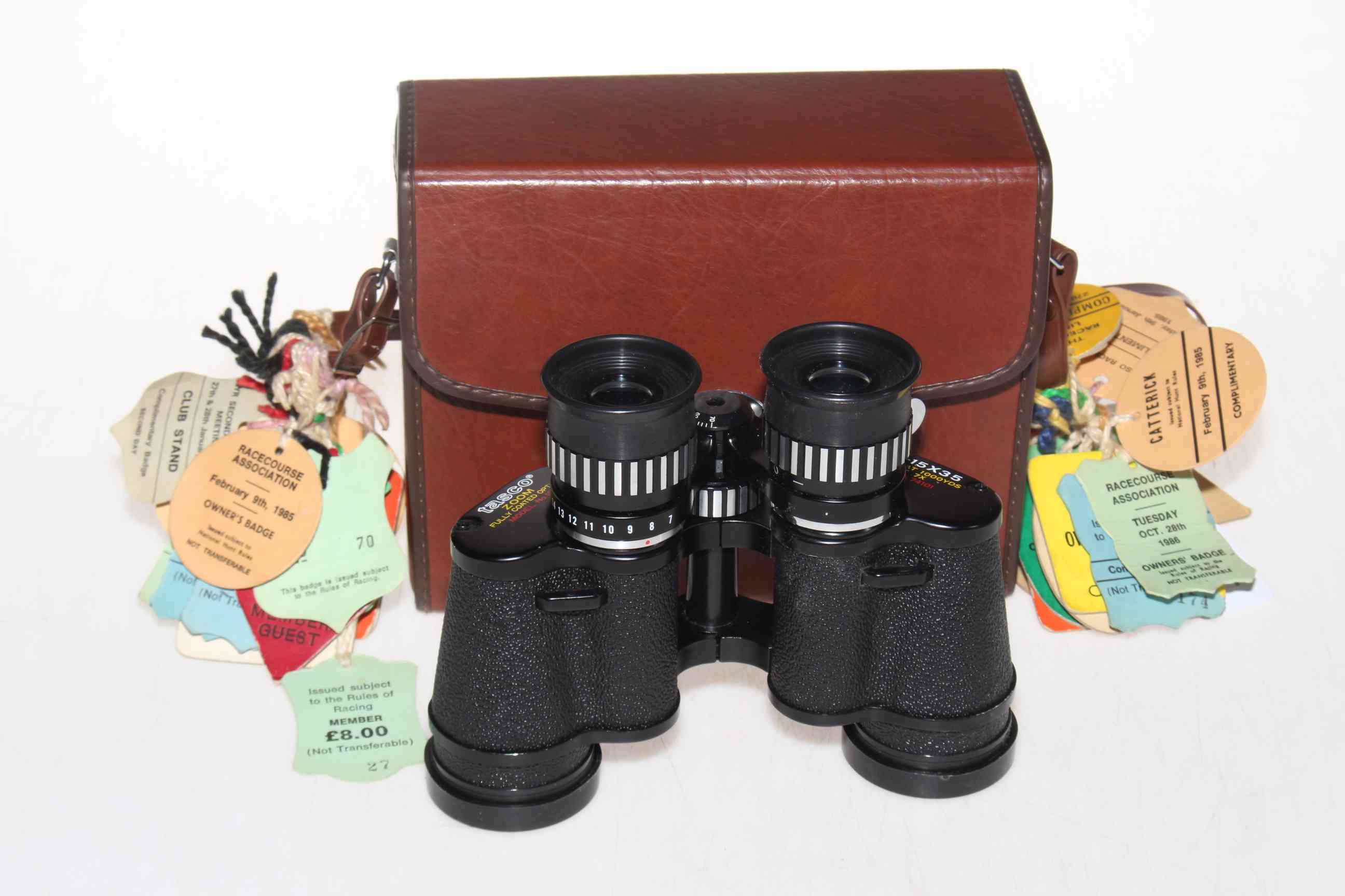 Pair Tasco 15x35 binoculars with 1980's racecourse tags.