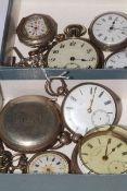 Collection of seven silver pocket/fob watches, silver albert, keys and one non silver watch.
