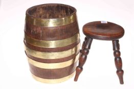 Coopered oak and brass bound barrel style bucket and a milking stool.