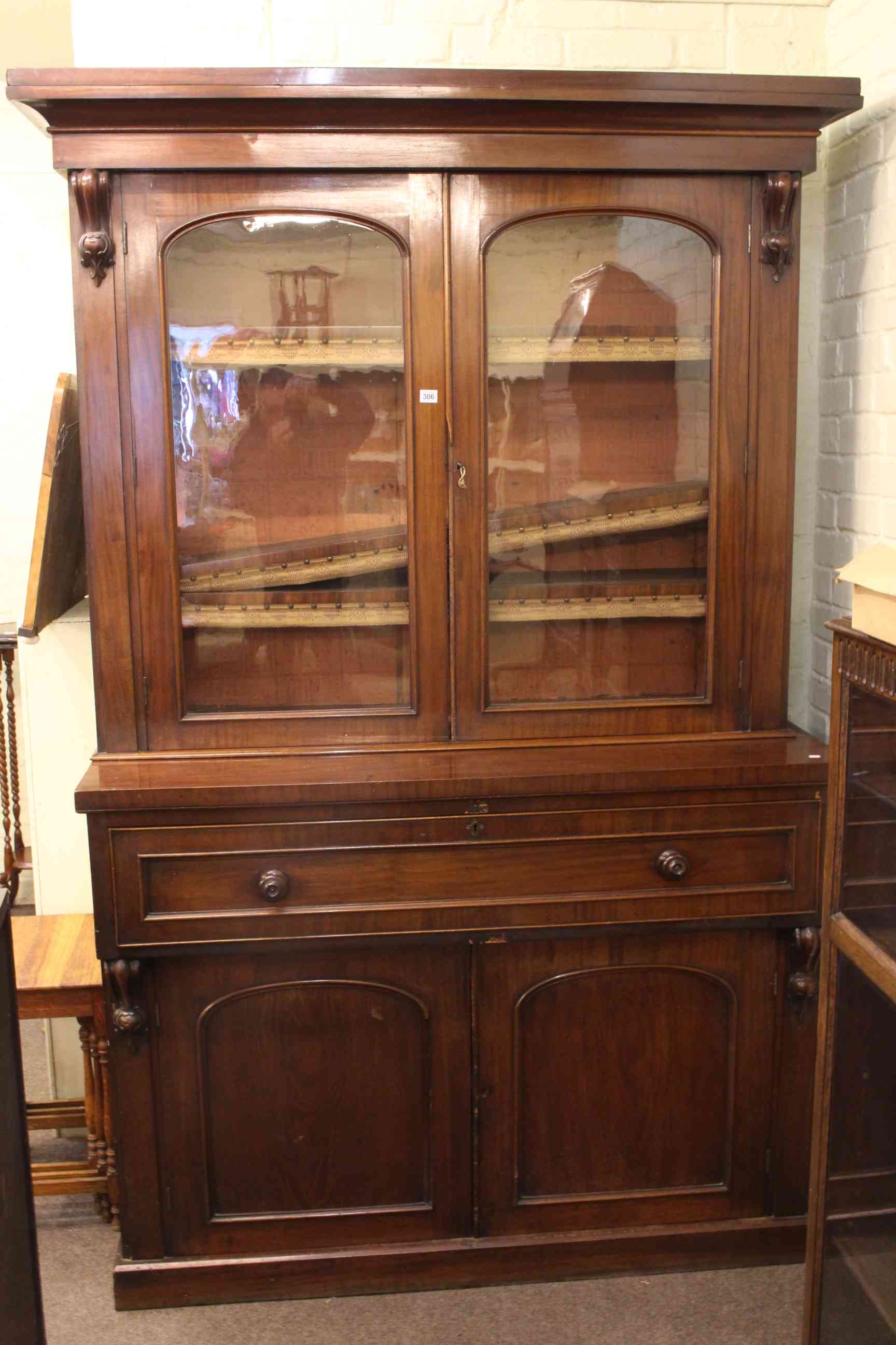 Victorian mahogany secretaire bookcase, 223cm by 148cm by 52cm.