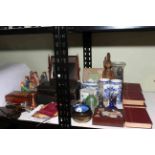 Collection of various figures, dressing table box, celery vase, scent bottles, table mirror,