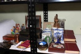 Collection of various figures, dressing table box, celery vase, scent bottles, table mirror,