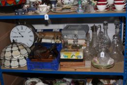 Glass decanters and claret jugs, Tiffany style shades, mantel clock, collectors plates, wood planes,