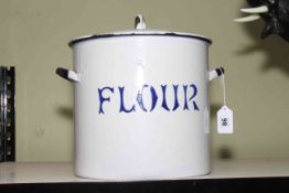 Vintage enamel flour jar, 24cm high.