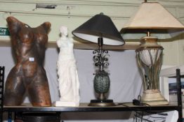 Venus de Milo and torso sculptures, two table lamps, wood plane, Ducal trinket set, pictures, etc.