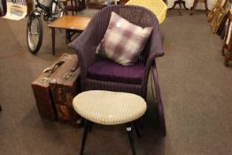 Lloyd Loom rocking chair, Lloyd Loom stool, oval wall mirror and two vintage suitcases (5).