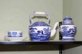 Four pieces of blue and white Spode 'Tower' including kettle and lidded jar.