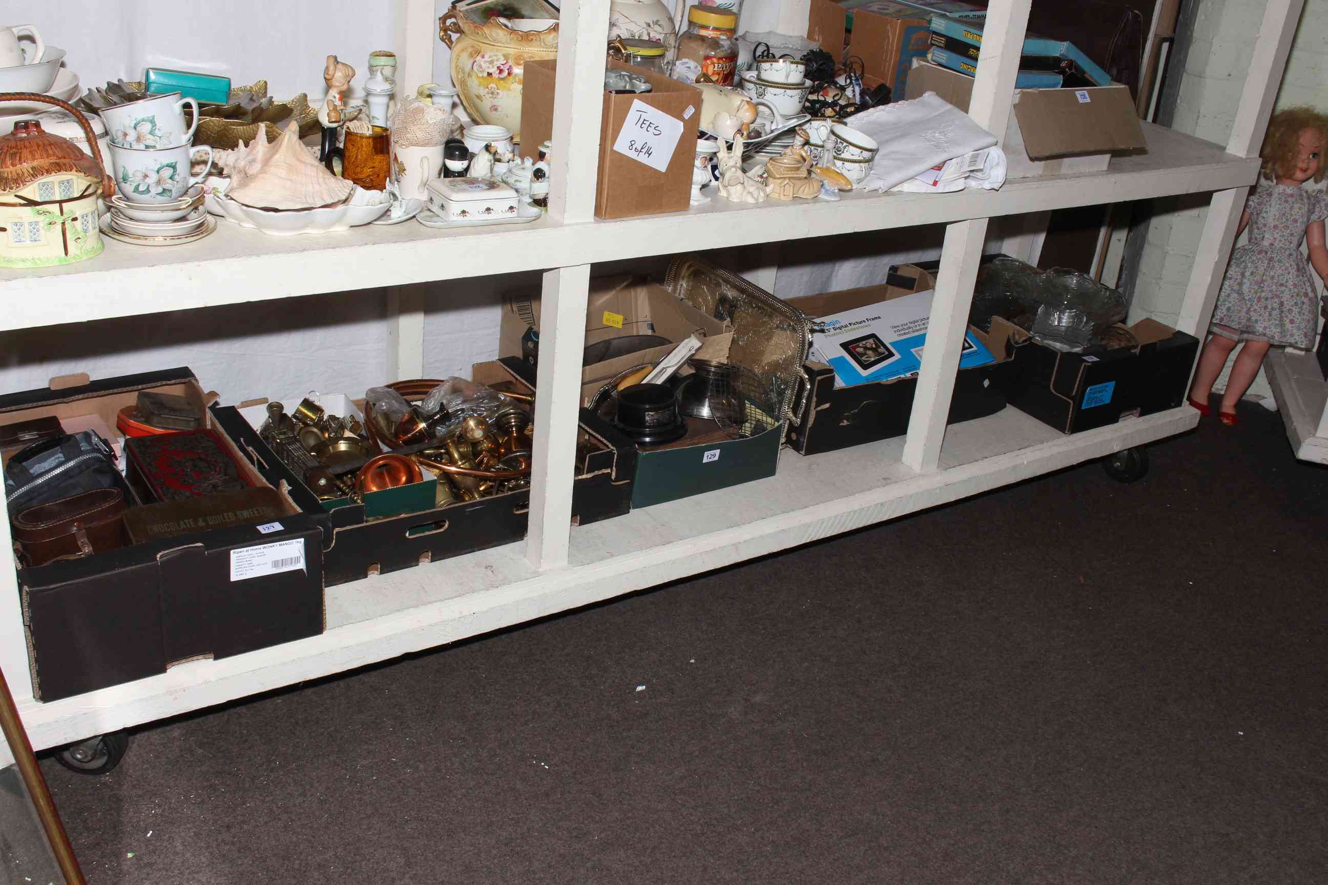 Five boxes of glassware, metalware, kitchen scales, binoculars, cameras, etc.