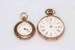 9 carat gold fancy case fob watch, and 10 carat gold fob watch (2).