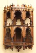 Indian (Bugatti style) inlaid and fretwork open corner wall cabinet.