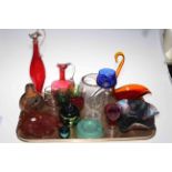 Collection of coloured glass including Carnival bowl, Wedgwood Keith Murray ashtray, etc.