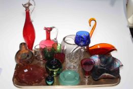 Collection of coloured glass including Carnival bowl, Wedgwood Keith Murray ashtray, etc.