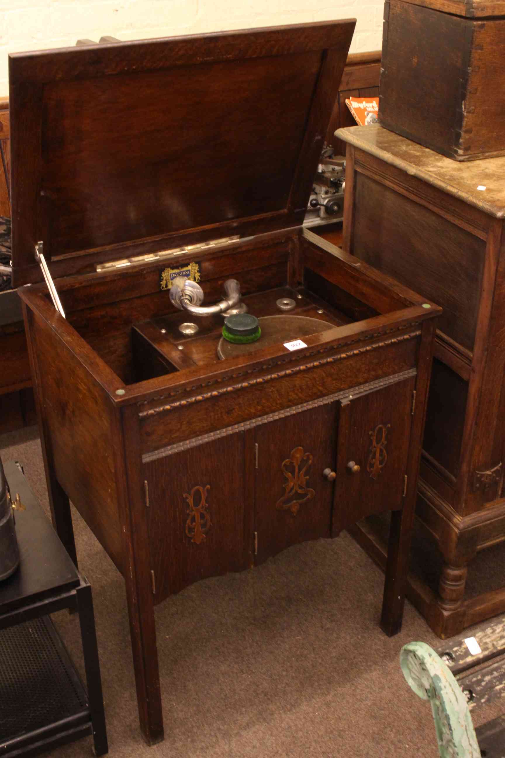 Pazatone oak cabinet gramophone, Dansette turn table and Defiant reel to reel tape recorder (3).