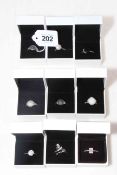 Collection of nine Pandora silver rings, size R/S, boxed.