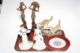 Pair Art Deco spelter dancing figures, two Coalport figures and pair plates,