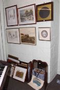 Collection of watercolours, oils, prints, triple dressing mirror and antique rosewood frame, etc.