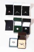 Collection of eight Pandora silver rings, size R/S, boxed.