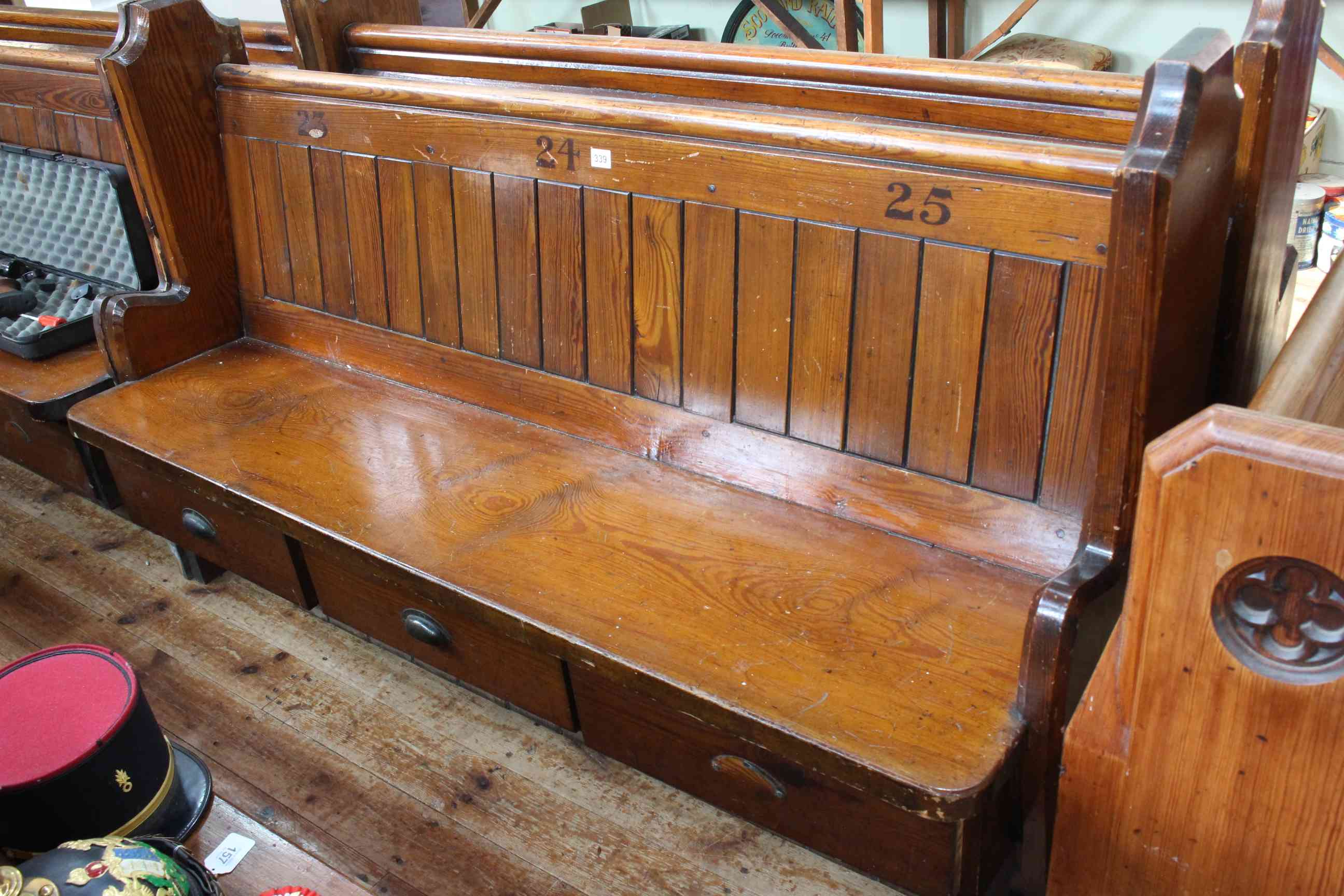 Pair Victorian pitch pine three drawer storage church pews, 160cm long approximately. - Image 2 of 2