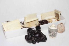 Box with ivory bits, resin Buddha, scent bottle, etc.