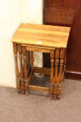 Victorian inlaid overmantel mirror, oak nest of three tables and framed clock plaque (3).