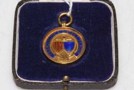 9 carat gold medal for Cramlington & District League, Winners 1937-38, boxed.