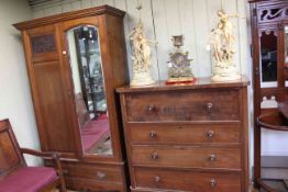 Victorian mahogany chest of four long drawers and Victorian walnut mirror door wardrobe.