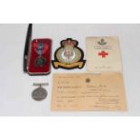 Imperial Service medal awarded to Walter Robinson Bell in Royal Mint box, Bomber Command RAF patch,