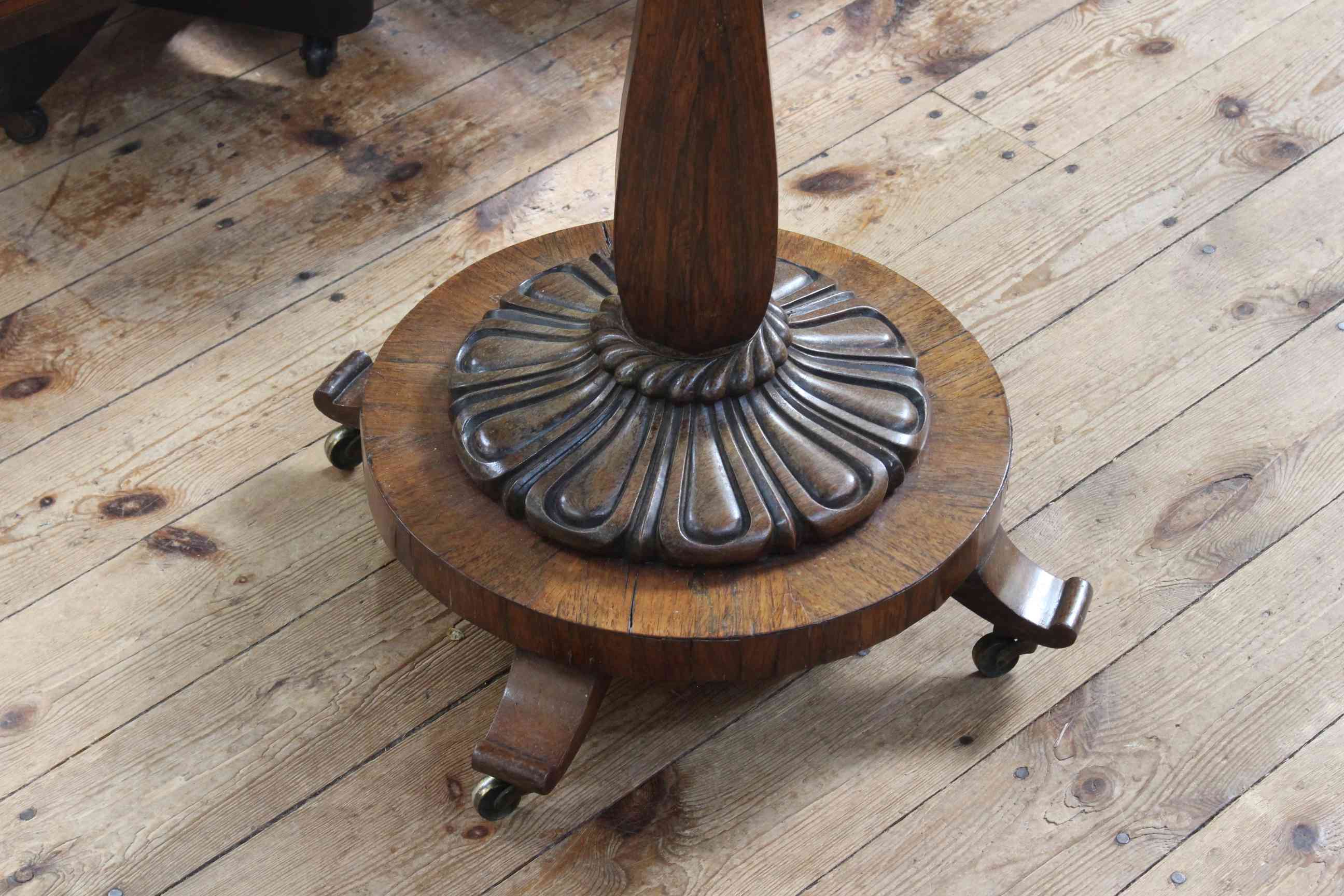 WmIV rosewood work box on turned pedestal to quadriform base, 81cm by 46cm by 39cm. - Image 2 of 3