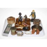 Tray lot of collectors pieces including antique Delft box, Indian inlaid box, miner figure,