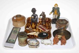 Tray lot of collectors pieces including antique Delft box, Indian inlaid box, miner figure,