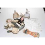 Three pin cushion ladies, German bisque head doll 3/OX, and Oriental doll (3).